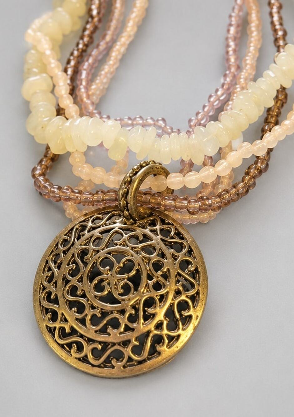 Vintage Boho Purple & pale‎ Green multi strand Necklace Ornate pendant blu01-24